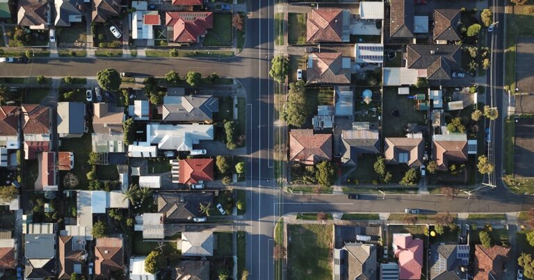 Aerial view of houses in a neighborhood